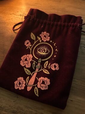Velvet Drawstring Pouch with Mystical Floral Print - Burgundy